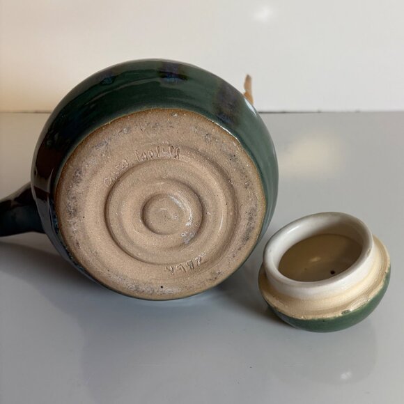 Handcrafted Green Pottery Teapot Rattan Handle Artisan-Made Signed - Picture 2 of 9